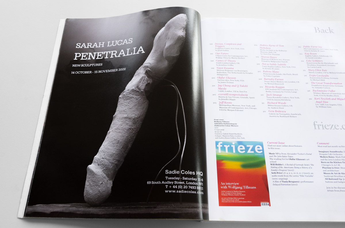 PENETRALIA Sarah Lucas - frieze 2008 - Advert Julian Simmons